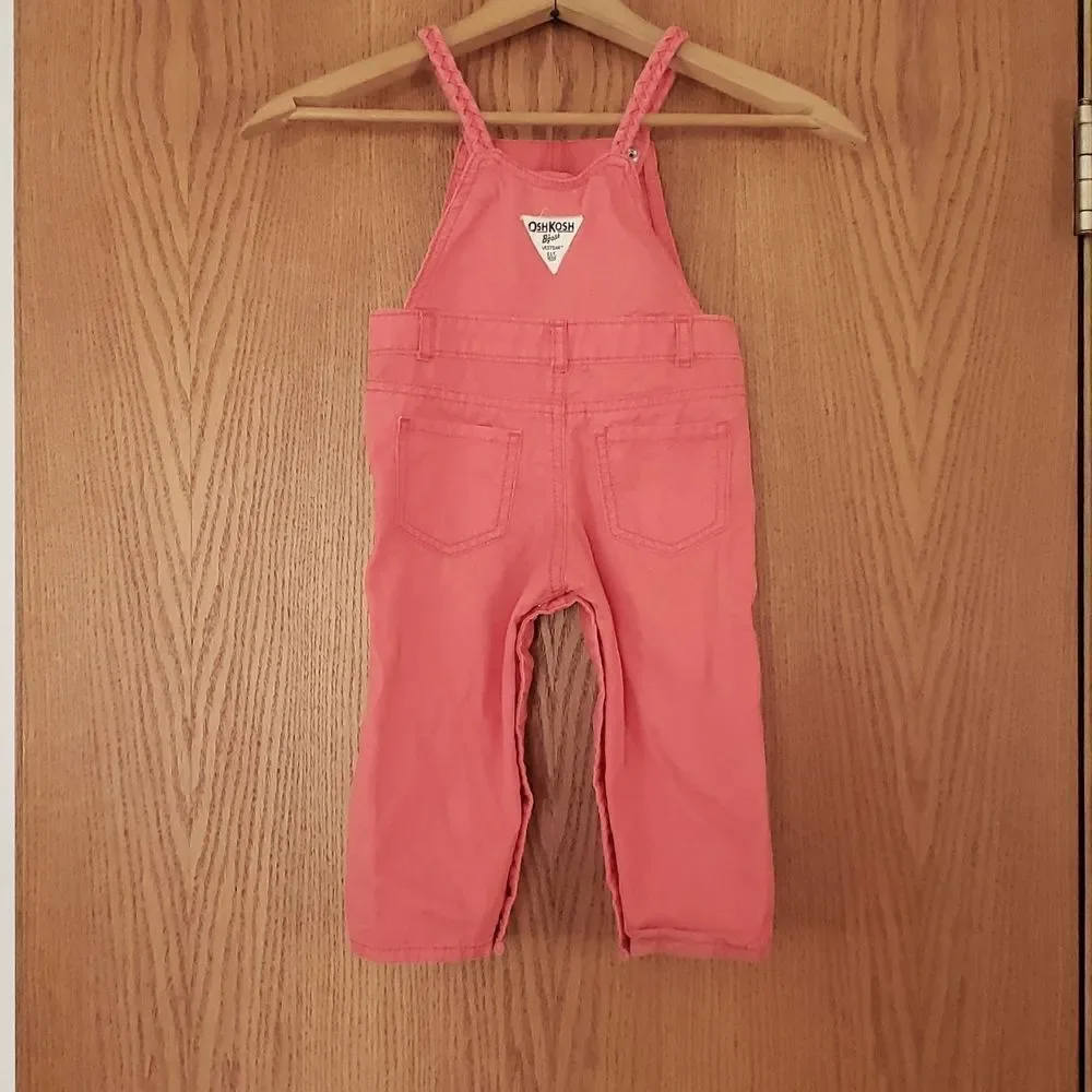 Oshkosh B'gosh Coral Overalls - Embroidered Floral Accents Braided Straps Sz 18M